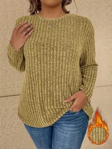 Vionelle Plus Size Women Drop Shoulder Casual Ribbed Knit Pullover T-Shirt, Autumn/Winter - Yellow - View 5