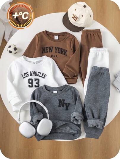 SHEIN Bộ 6 món/Bộ đồ thể thao thường ngày cho bé trai, bao gồm áo nỉ dài tay lót giữ nhiệt in chữ và quần cạp chun, phù hợp cho mùa thu và mùa đông Bộ đồ thường ngày cho bé trai Bộ đồ mùa đông cho bé trai Bộ đồ nỉ cho bé trai Quần áo dạo phố cho bé trai mùa thu