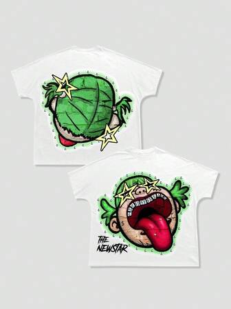 Street Life Men's Casual Fashionable Street Cartoon Bat Print Loose Short Sleeve T-Shirt, Summer