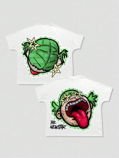 Street Life قميص تي شيرت كاجوال رجالي بطبعة خفاش كرتونية عصرية فضفاض قصير الأكمام، صيفي