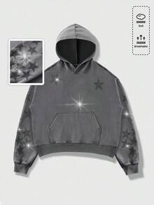 ROMWE MEN Street Life Men's Distressed Rhinestone Star Graphic Hoodie Sweatshirt, Loose Cropped Fit, Fall - Light Grey - View 1