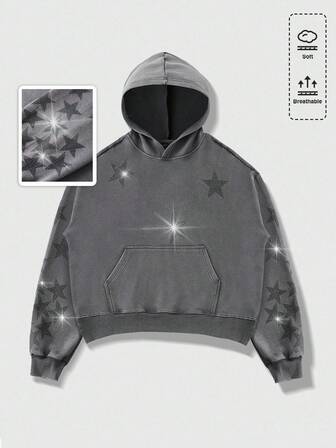 Grunge Punk Men's Distressed Rhinestone Star Graphic Hoodie Sweatshirt, Loose Cropped Fit, Fall