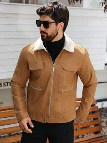 Manfinity Homme Men's Casual Brown Jacket With Sherpa Collar,Autumn Winter Contrast Color Light Shacket,Streetwear Work,White And Brown - Brown - View 1