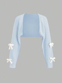 SHEIN Unity Áo khoác cardigan nơ màu tối giản hàng ngày dành cho nữ - Màu xanh nhạt - Xem 3