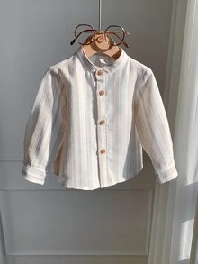 SHEIN 嬰兒男/女童條紋立領長袖梭織襯衫，白色夏季休閒度假百搭秋冬上衣，適合戶外、日常穿著、派對 - 杏色 - 查看 6