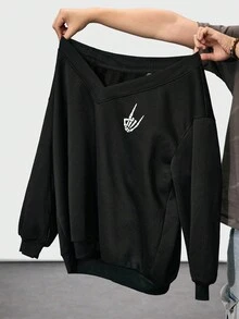 SHEIN CURVE+ 女式加大码 V 领骷髅手指花卉印花黑色加大码宽松羊毛运动衫冬季秋季秋冬 - 黑色 - 查看 6