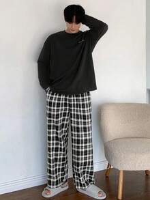 DAZY 男士字母印花T恤和格子裤睡衣套装，秋季、秋冬季服装 - 黑色 - 查看 3