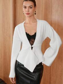 SHEIN Unity 1pc Women's Solid Color Long Sleeve Fitted Asymmetrical Hem Elegant Cardigan Fall Cloth For Women - White - View 3