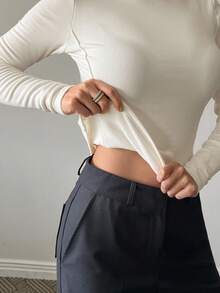 DAZY Women's Mock Neck Slim Fit Long Sleeve Casual T-Shirt, Sexy & Comfortable Fall Tops Thermal Lined,Winter - Beige - View 3