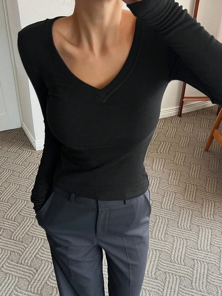 Women's V-Neck Thermal Lining Slim Fit Sexy Casual Base Layer T-Shirt Long Sleeve Top Thermal Lined,Winter