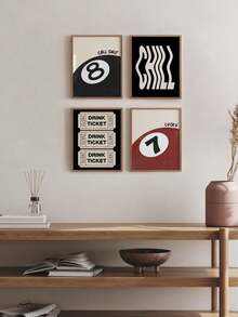 4 件酒吧艺术海报幸运 8 球印刷图片冷饮票绘画海报时尚墙面艺术复古墙面印刷现代房间装饰客厅墙壁装饰无框 - 黑色 - 查看 4