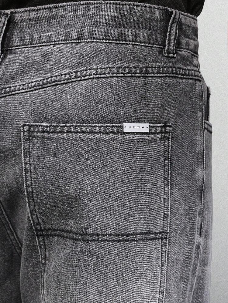 Wide Leg Denim Pants With Patch Pockets And Raw Hem