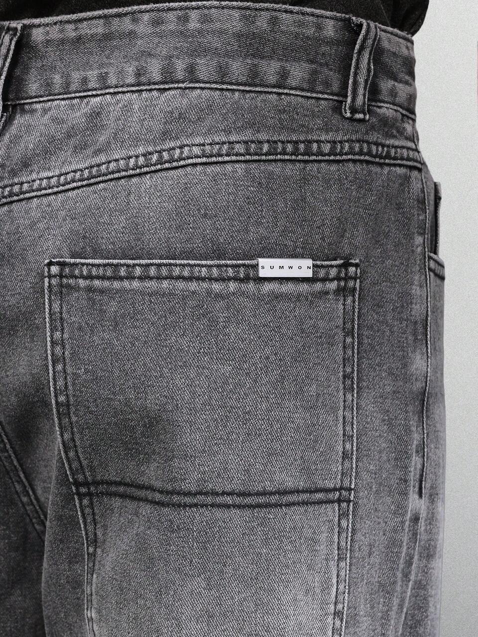 Wide Leg Denim Pants With Patch Pockets And Raw Hem