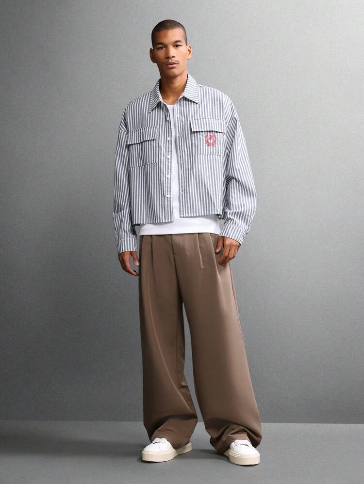 Cropped Button Down Striped Shirt With Utility Pockets