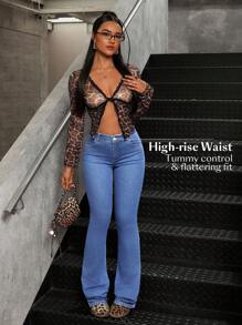 SHEIN Tall Women's Front Button Pocket Casual Mid-Waist Skinny Flare Jeans