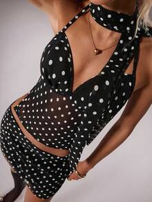 TRNVIE 1 pièce Ensemble top camisole à pois style vintage minimaliste et foulard à nouer au cou avec mini-jupe, convient pour le bureau, les déplacements, le style de rue, l'automne/hiver - Noir et Blanc - Voir 7