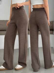 EURMUSE Women Solid Color Drawstring Detailed Wide Leg Sweater Pants,Burgundy Trousers - Brown - View 7