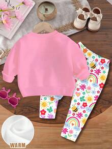 SHEIN Baby Mädchen Lässig Süß Floral, Gesicht, Regenbogen, Insekt, Schmetterling Muster Weich Dick Rundhals Langarm Sweatshirt und Leggings Set, geeignet für Herbst/Winter