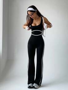 Easithlete 撞色饰边瑜伽休闲运动连体裤 - 黑色 - 查看 3