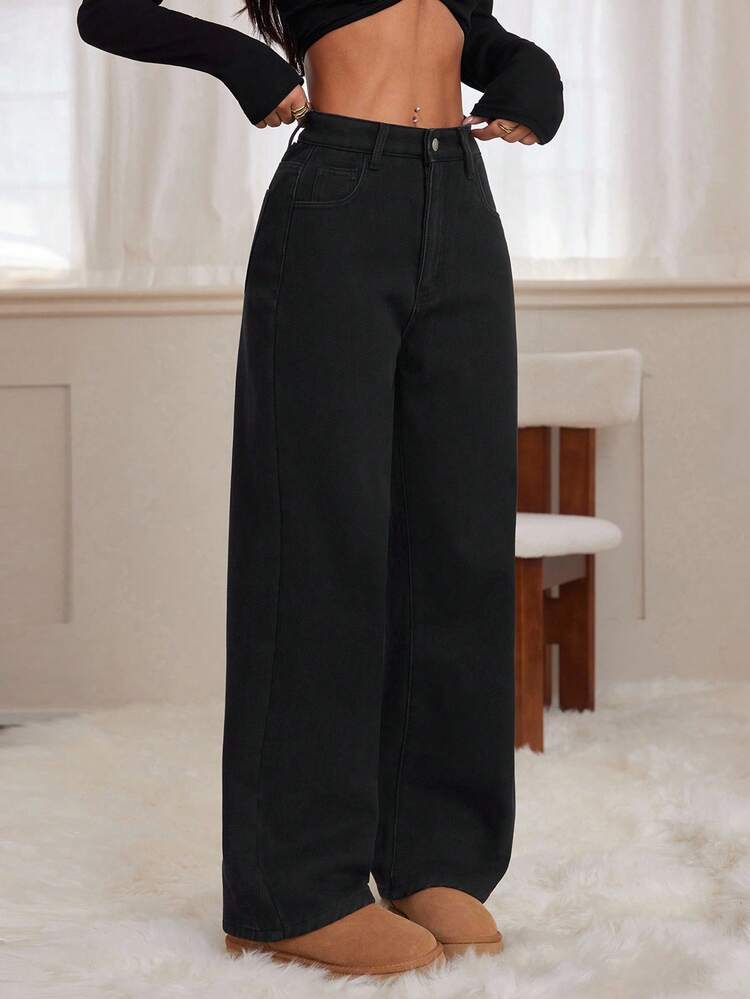 SHEIN PETITE Women's Casual Everyday Simple Commuting Solid Color Loose Wide-Leg Thermal-Lined Jeans, Autumn/Winter - Black - View 6