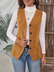 EMERY ROSE Plus Size Women Solid Color Single-Breasted Corduroy Vest Coat, Autumn, Fall For Women, Western Wear Women, Autumn Winter - Khaki - View 5