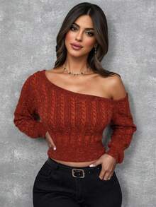SHEIN LUNE Halloween Sexy Oblique Shoulder Gold Thread Orange Long Sleeve Waist Fitted Knit Sweater, Suitable For Commuting, Autumn/Winter,Maillard Style - Orange - View 1
