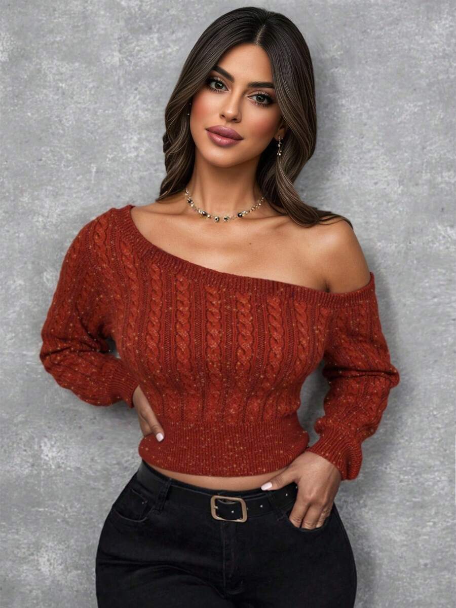 SHEIN LUNE Halloween Sexy Oblique Shoulder Gold Thread Orange Long Sleeve Waist Fitted Knit Sweater, Suitable For Commuting, Autumn/Winter,Maillard Style - Orange - View 1