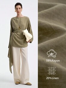 Aalyst Women's Linen Twill Street Style Vacation Office Commute Casual Off-Shoulder Loose A-Line Waist Tie Long Shirt Blouse, Spring/Autumn/Winter