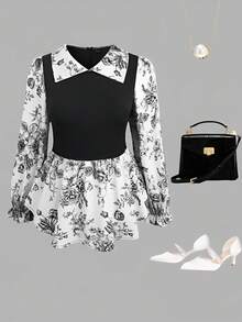 SHEIN LUNE CURVE 女式加大码花卉印花拼布长袖衬衫 - 黑色 - 查看 3