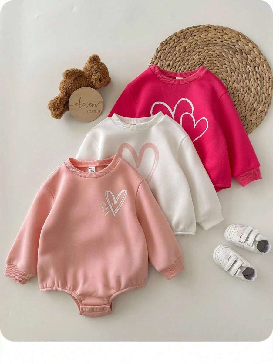 3件套新生女宝宝连体衣，秋冬季抓绒针织圆领长袖爱心印花连体衣
