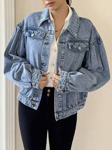 Vintage Washed Denim Blue Single-Breasted Loose BF Style Pleated Puff Sleeve Denim Jacket For Teen Girls, Fashionable & Versatile, Soft & Comfortable Fabric, Suitable For Spring, Autumn, Winter Daily Wear, Commuting, Travel - Medium Wash - View 5