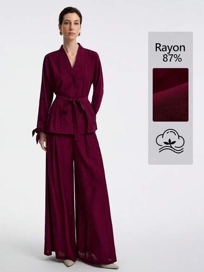 Aalyst 女士春秋冬单纱褶皱纹理度假和办公室通勤优雅 V 领纽扣落肩长袖衬衫，袖口系带，腰带蝴蝶结，褶皱肩部，搭配休闲宽松阔腿裤，2 件套
