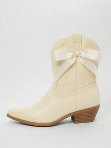 Solezae Women Comfortable Almond Toe Block Heel Western Boots With Ribbon Bowknot - Beige - View 2
