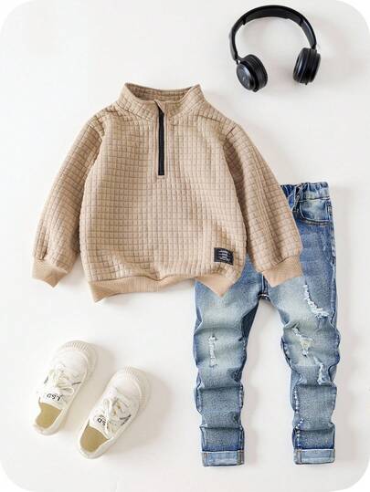 SHEIN Sudadera de manga larga con cuello alto y textura de unicolor, chaqueta con cremallera para niño y niña'