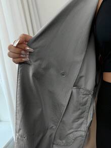 Rafferiza 宽松翻领双排扣长袖格子拼接女式风衣 - 灰色 - 查看 8