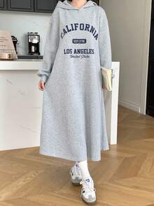 少女针织纯灰色英文图案印花连帽宽松长袖连衣裙卫衣连衣裙连帽衫连衣裙休闲连衣裙女装长款连帽衫连衣裙加州连衣裙