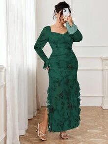 Modelyn 女式加大码花卉印花荷叶边下摆开衩优雅性感长裙 - 墨綠色 - 查看 8