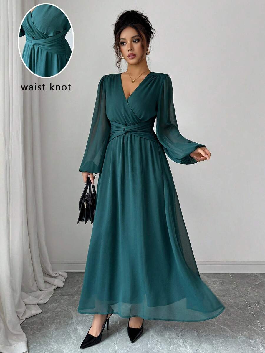 Elenzga Váy xếp ly voan cổ điển thanh lịch dành cho nữ, xếp ly chéo, eo xoắn, dáng chữ A, tay bồng, thích hợp cho tiệc trà chiều, tiệc tùng, phong cách đường phố vào mùa xuân, thu đông - Màu xanh lá cây đậm - Xem 1