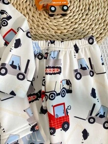 SHEIN Playful Pals 2件套幼儿男童圆领长袖针织汽车卡通图案毛绒面料睡衣套装 - 卡其色 - 查看 8