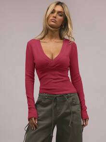 MUSERA V Neck Wrap Front Knit Long Sleeve Sweater Top Elegant Spring Vacation Cute Sexy 90's Summer Pastel Sweet Airport Holiday Fall Autumn Winter Everyday  Evening Party Elegant New Year - Red - View 1