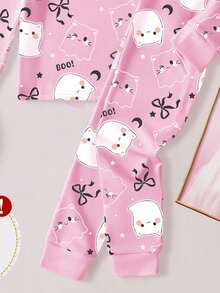 Baby Girls Halloween Ghost Bow Print Long Sleeve Top And Pants 2 Pieces Snug Fit Pajama Set Family Matching White And Pink Autumn Cute Fairy - Pink - View 5