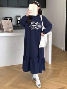 SHEIN 少女学院风字母图案荷叶边下摆连帽连衣裙 - 藏蓝色 - 查看 3