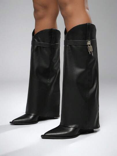 SHUZIA Botas altas de tacón sexy y salvaje de PU negro con decoración de candado, elegantes para el invierno