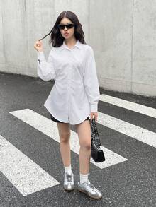 SHEIN 青少年女孩优雅长袖度假白色衬衫、长袖上衣、返校衬衫 - 白色 - 查看 3