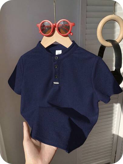 Camisa polo de manga corta de unicolor cómoda para niño, adecuada para primavera y verano, apropiada para actividades al aire libre, escuela, estilo callejero, fiestas y uso casual, gran relación calidad-precio