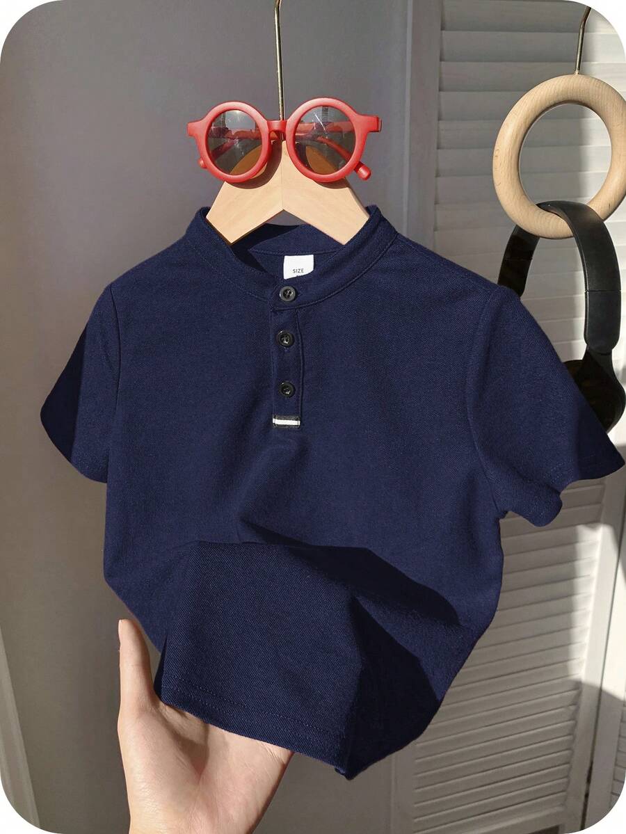 Áo thun polo tay ngắn màu trơn thoải mái cho bé trai mặc thường ngày, thích hợp cho mùa xuân và mùa hè, thích hợp cho mùa hè, mùa xuân, tuyệt vời cho hoạt động ngoài trời, trường học, phong cách đường phố, tiệc tùng và mặc thường ngày, hiệu suất cao - Màu xanh hải quân - Xem 1