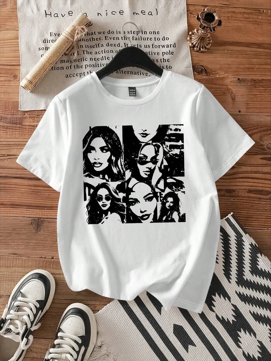 Attitoon Tricou de damă casual cu imprimeu portret, alb, guler rotund, mânecă scurtă, potrivit pentru vară, amestec de bumbac