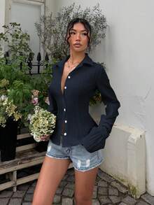 Sunnyshic White Striped Button-Front Ruffle Cuff Long Sleeve Fitted Shirt, Minimalist Elegant Casual Versatile Blouse For Women, Spring/Summer - Navy Blue - View 6