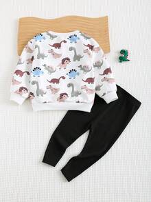 Cozy Pixies 2 件套男婴卡通恐龙印花圆领长袖连帽衫和纯色喇叭裤套装 - 彩色 - 查看 2