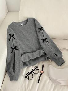 SHEIN Tween Girl Loose Casual Minimalist Comfortable Round Neck Long Sleeve Bow Decor Sweatshirt,In Fall/Winter - Grey - View 5